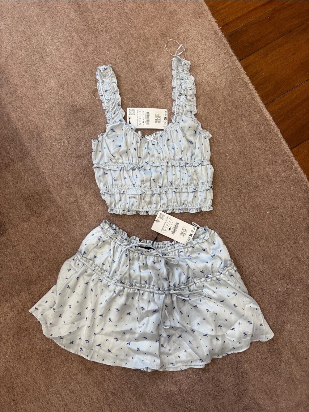Zara Light Blue Floral Ruffle Skirt Set